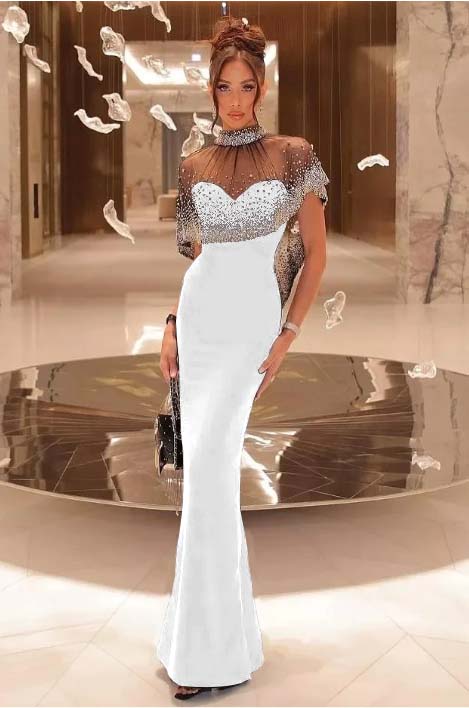 Shinning Black Satin Sweetheart Beaded Sleeveless Mermaid Prom Dress with Shawl
