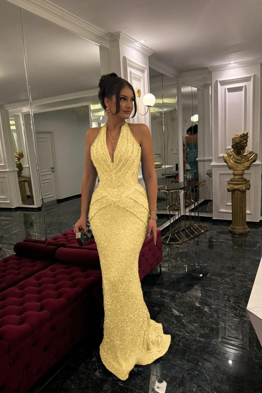 Sleeveless Halter Straps Deep V-Neck Beads Mermaid Prom Dress With Pleated