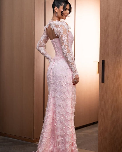 Pink Stunning Off-Shoulder Sleeveless Mermiad Embroidery Evening Dress With Lace Gloves