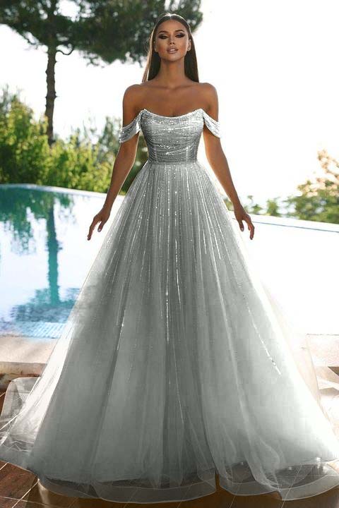Sleeveless Strapless Off-Shoulders A-Line Sequins Prom Dress
