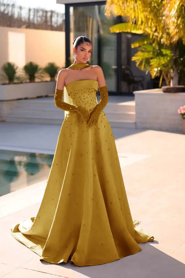 Sleeveless Strapless Long Evening Dress With Appliques Gloves