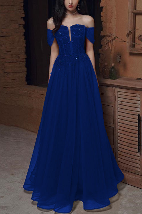 Wine Red Off-The-Shoulder Evening Dress With Sequins Beads