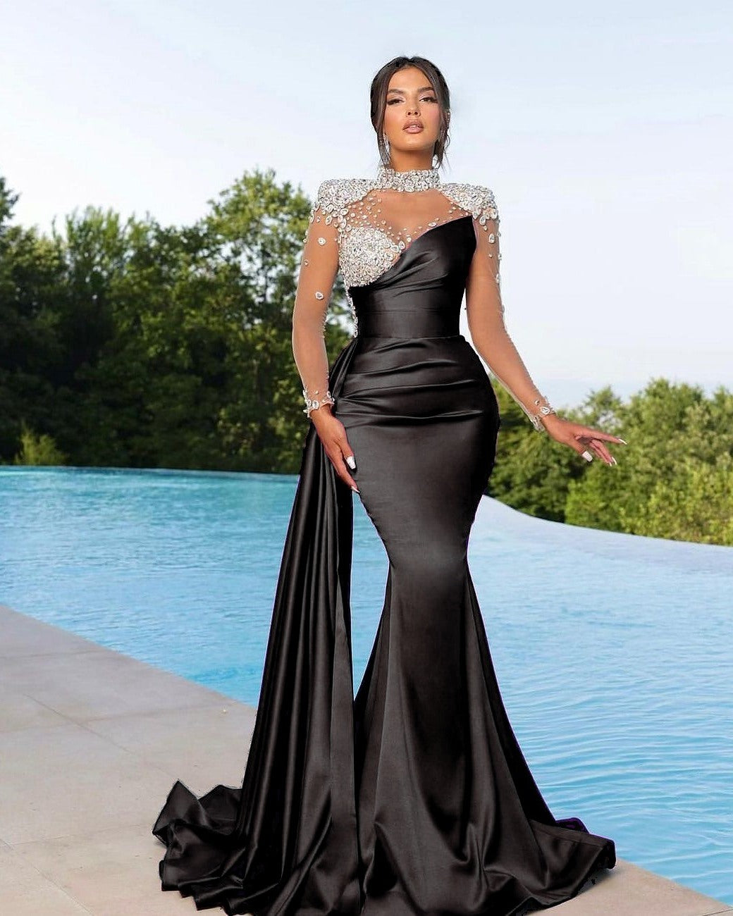 Chic Long Sleeves  Beaded Satin Mermaid Prom Dress with Ruffles