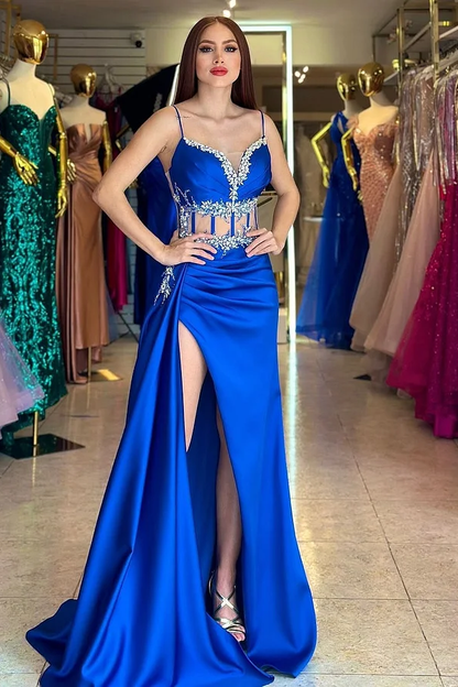 Royal Blue Sleeveless Spaghetti Straps Mermaid Beads Prom Dress