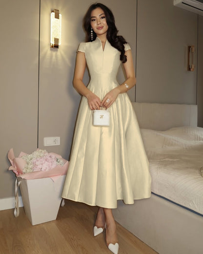 Elegant Pink Short Sleeves A-Line Pleated Satin Ankle Length Evening Dress