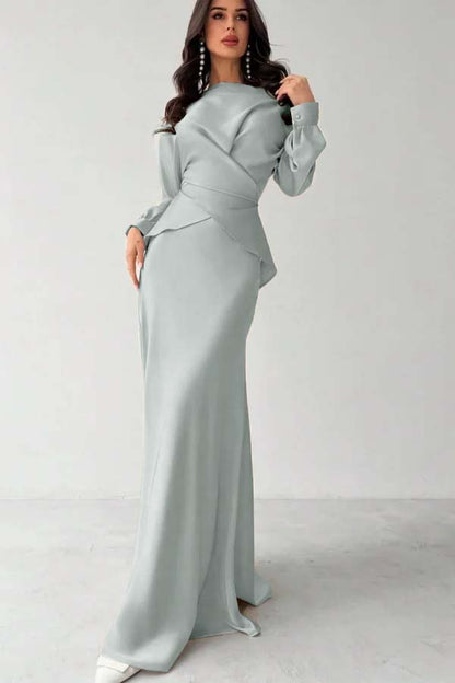 Glamorous Champagne Satin Long Sleeves Jewel Neck Slim Prom Dress