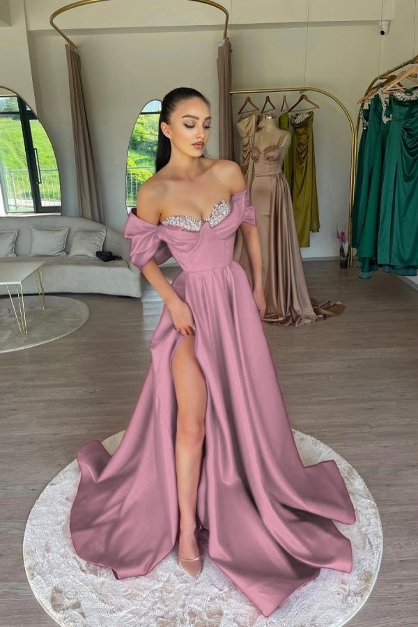 Elegant Fuchsia Off-The-Shoulder Beaded Sweetheart Prom Dress With Split