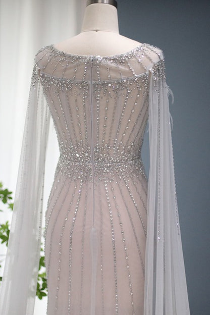 Glamorous Crew Neck Mermaid Prom Dress Tulle Cap With Feathers Appliques
