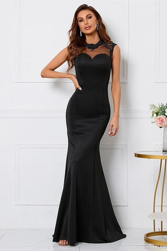 Black Mermaid Sleeveless Evening Dress High Collar With Beadings Online