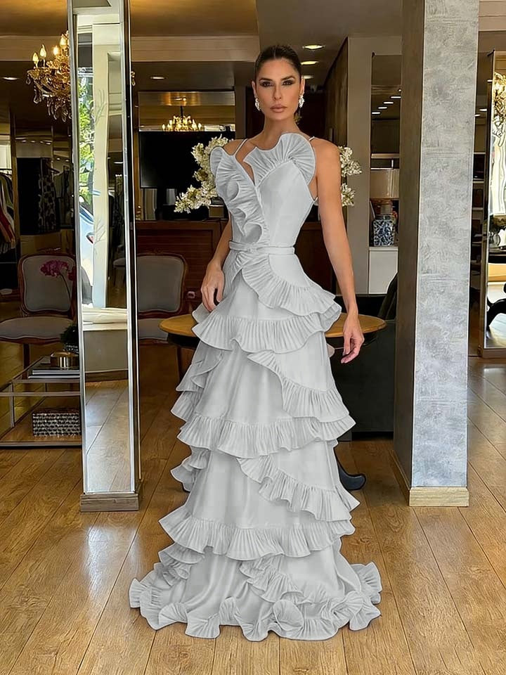 Structured Spaghetti Straps Sleeveless Ruffles Floor Length Evening Dress