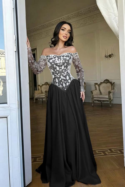 Stunning Red Bateau Neck Long Sleeves Beaded Evening Dress With Pleated