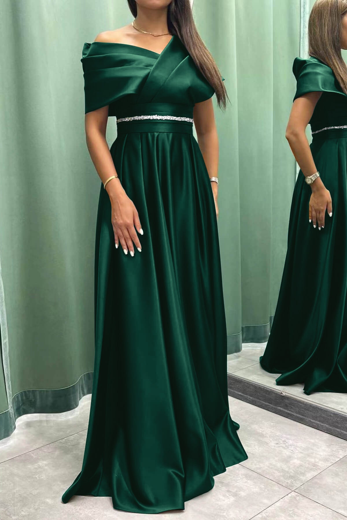 Elegant Long Evening Dress Pleat Off-The-Shoulder