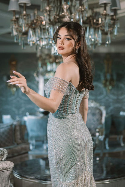 Glamorous Blue Sequins Off the Shoulder Long Mermaid Prom Dress with Beadings