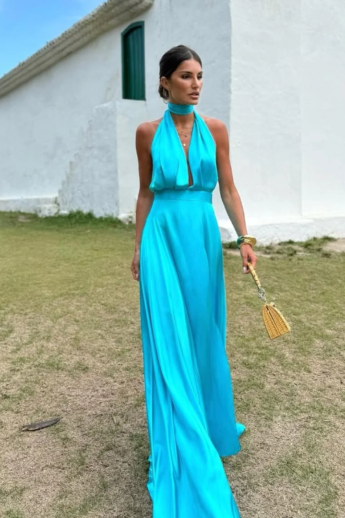 Simple Blue Satin Halter Sleeveless Long High Waist Prom Dress with Split