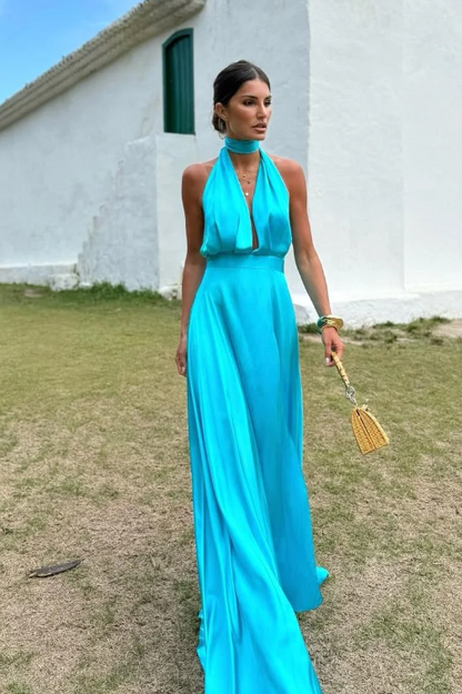 Simple Blue Satin Halter Sleeveless Long High Waist Prom Dress with Split