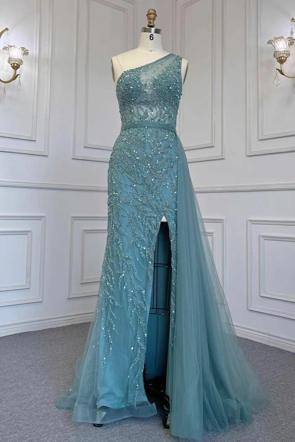 Gorgeous One Shoulder Beadings Tulle Evening Dress With Slit Rhinstone