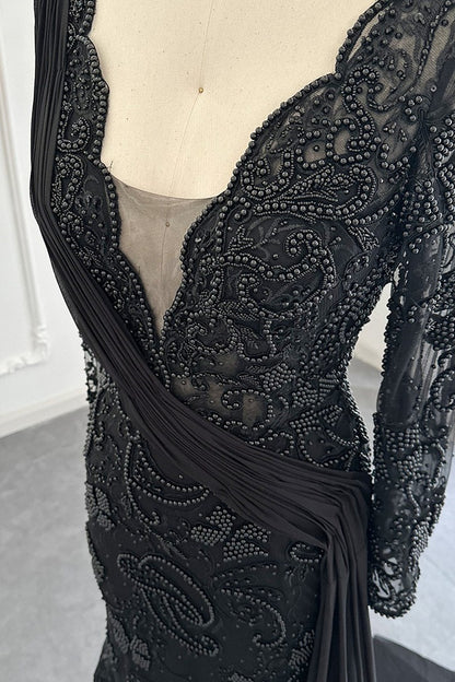 Black V Neck Mermaid Prom Dress Long Sleeves With Appliques Ruffles
