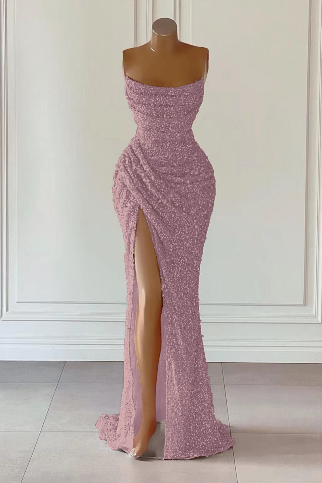 Dusty Pink Square Neck Sleeveless Mermaid Prom Dress Long Slit with Sequins