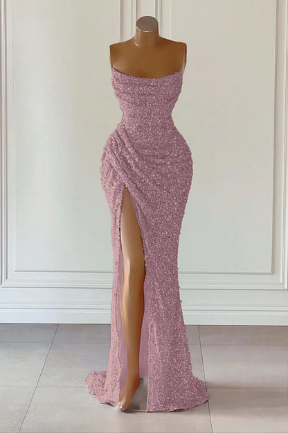 Dusty Pink Square Neck Sleeveless Mermaid Prom Dress Long Slit with Sequins