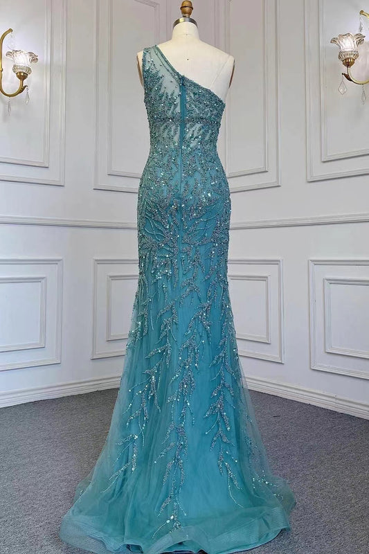 Gorgeous One Shoulder Beadings Tulle Evening Dress With Slit Rhinstone