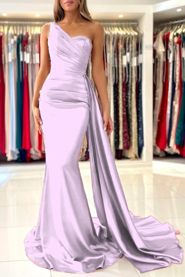 Burnt Orange Sleeveless Mermaid Prom Dress One-Shoulder With Ruffles