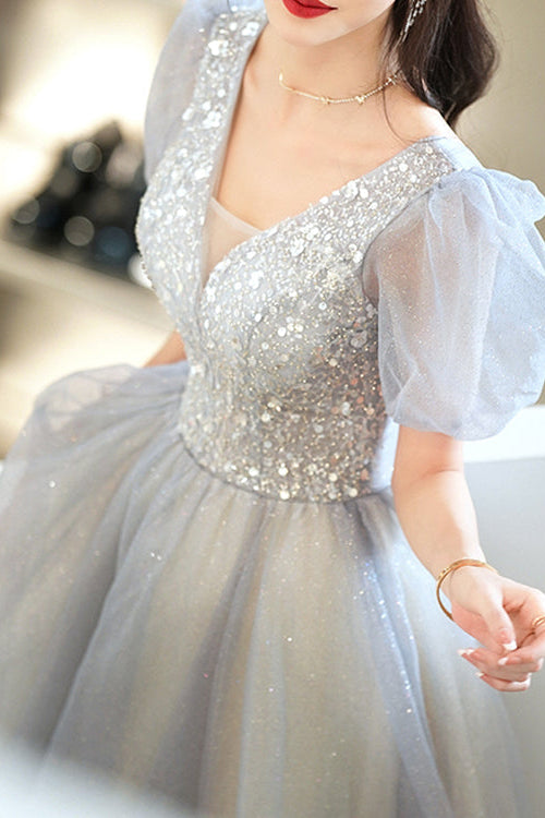 Grey V-Neck Long Evening Dress With Short Sleeves Sequins Elegant