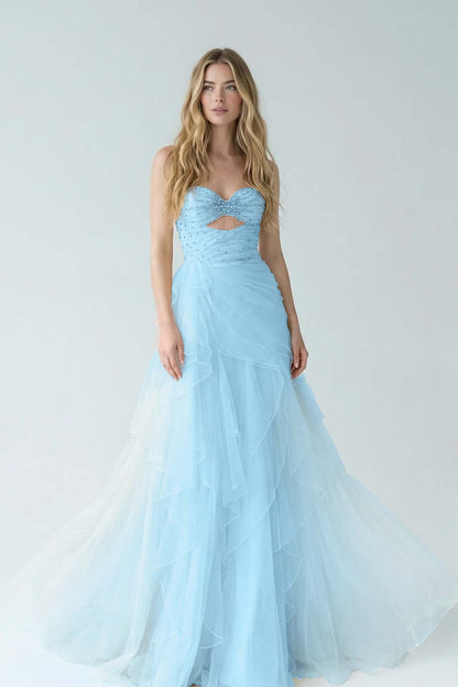 White Sweetheart A-Line Evening Dress Floor Length Pleated with Rhinestone