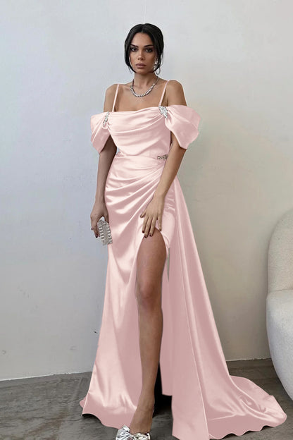 Exquisite Satin Spaghtti Strap Off the Shoulder Long Split Prom Dress with Beadings