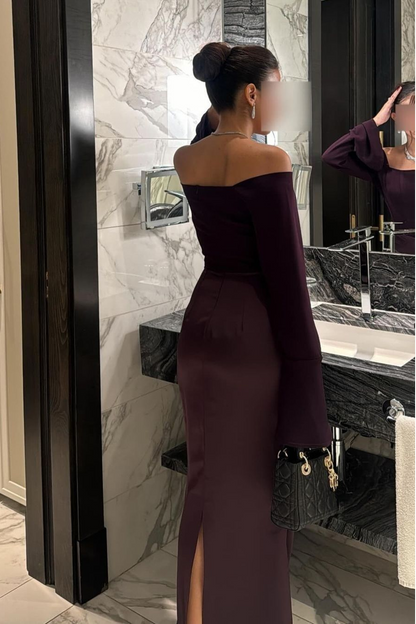 Chic Satin Regency Off the Shoulder Long Sleeves Mermaid Prom Dress with Pleated