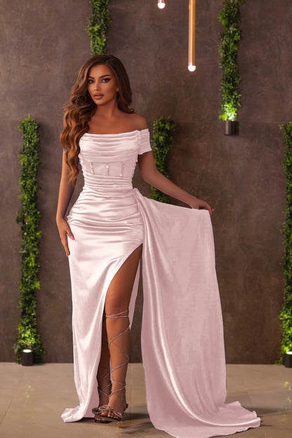 Royal Blue Off-the-Shoulder Slit Evening Dress With Ruffles
