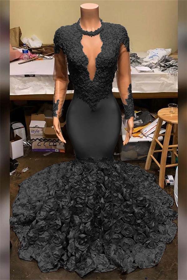 Elegant Mermaid V-Neck Prom Dress Appliques Long Sleeves With Flowers Bottom