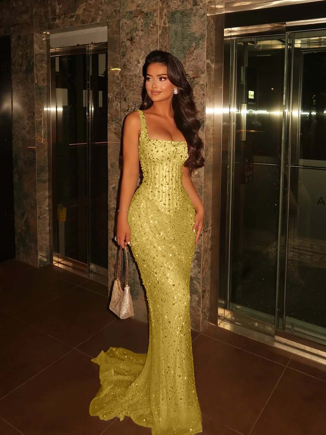 Lavish Square Sleeveless Wide Straps Beaded Mermaid Prom Dress