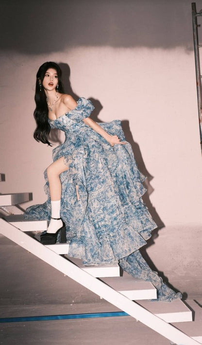 Romantic A Line Puff Sleeve Print Flower Blue Chiffon Party Dress Evening Dress with Slit SH2866