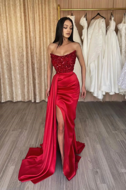 Red Strapless Sleeveless Prom Dress Slit with Sequins