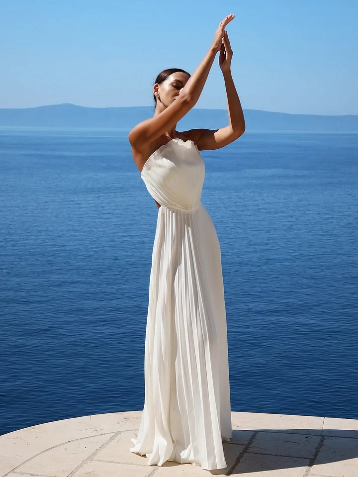 Simple White Sleeveless Strapless Long Prom Dress With Pleated