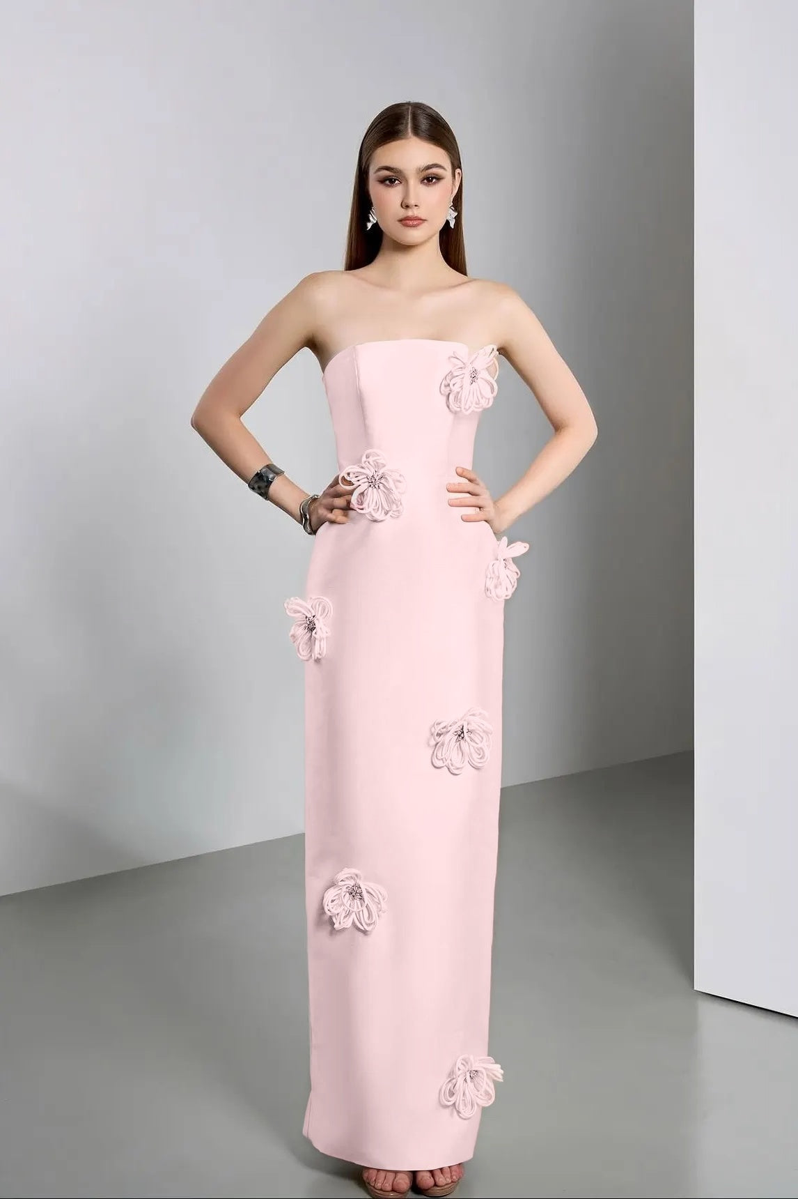 Elegant Ivory Strapless Evening Dress Column Floor Length in Satin with Flower