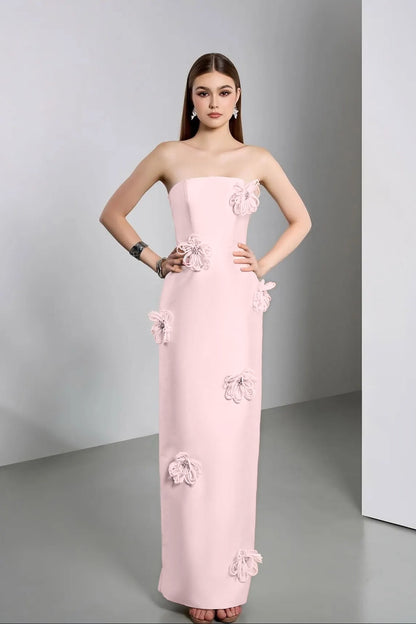 Elegant Ivory Strapless Evening Dress Column Floor Length in Satin with Flower