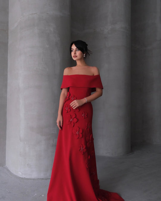 Sleeveless Off-Shoulders Prom Dress With Handmade Flower