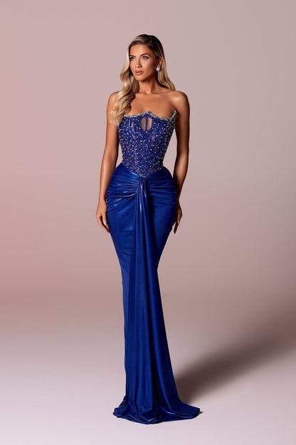Luxury Mermaid Straples Sleeveless Beaded Long Dress With Pleated