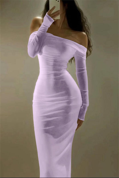 Chic Satin Ivory Long Sleeves Off the Shoulder Long Prom Dress with Pleated