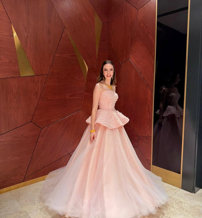 Pink Sleeveless Strapless Square A Line Prom Dress With Embroidery