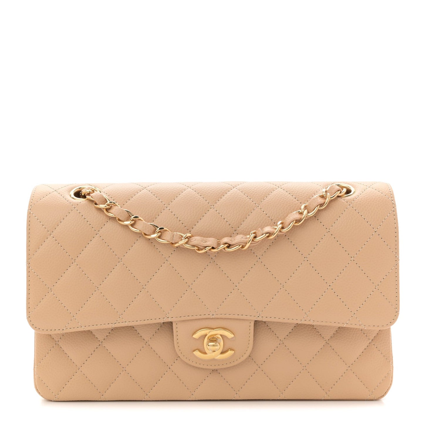 Caviar Quilted Medium Double Flap Beige