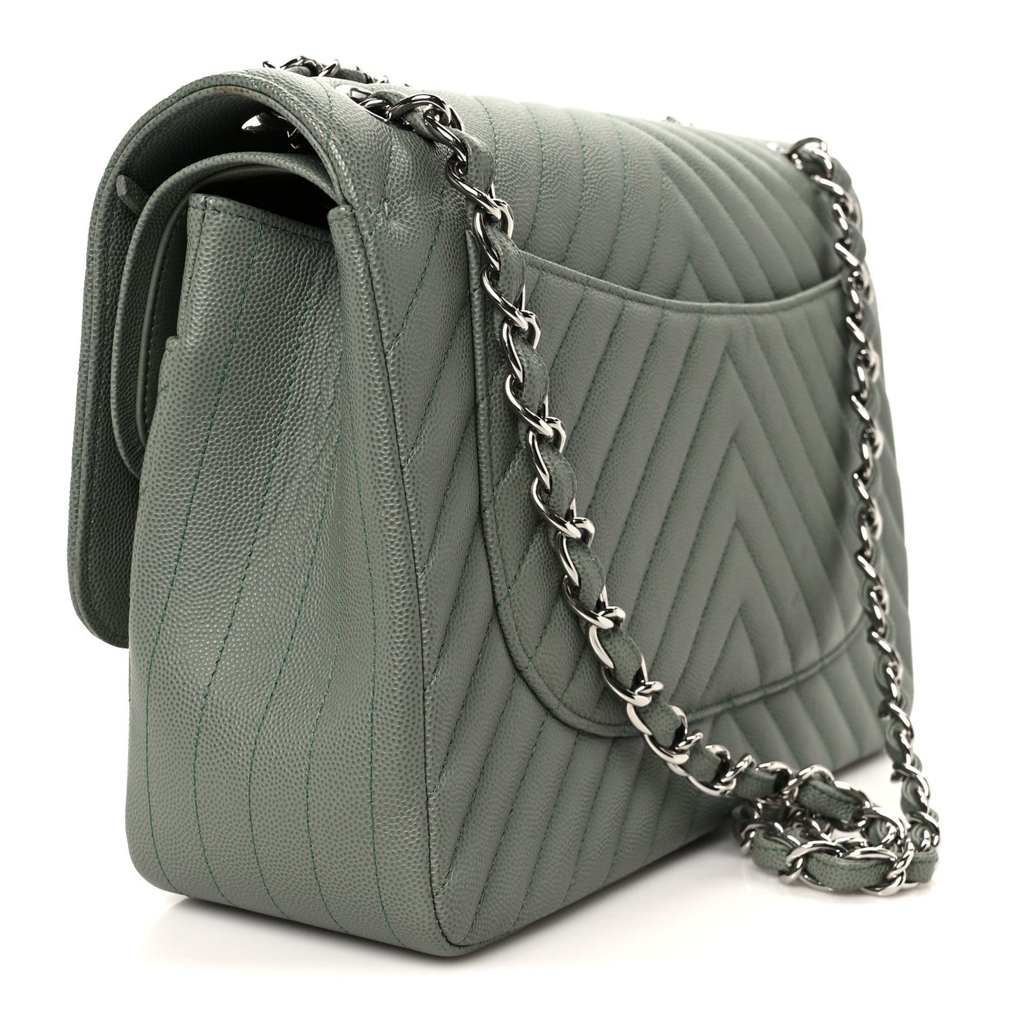 Caviar Chevron Quilted Jumbo Double Flap Green