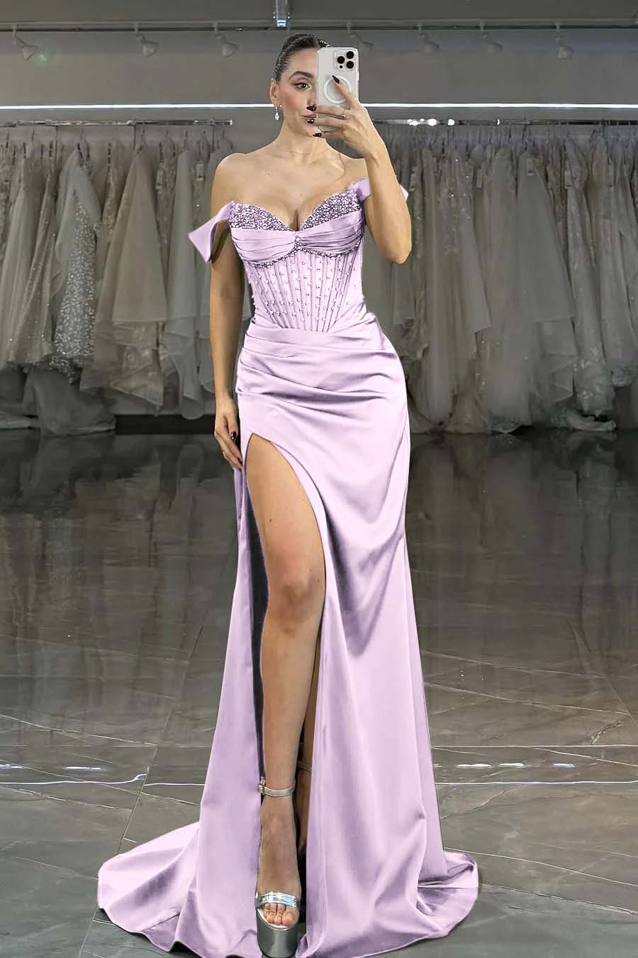 Charming Dark Green Satin Off the Shoulder Strapless Long Prom Dress with Beadings