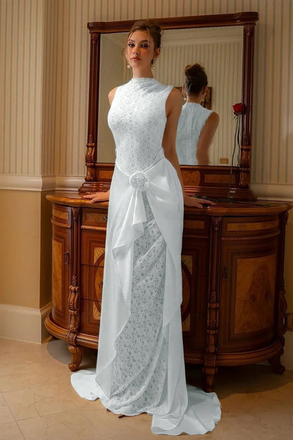 High Neck Sleeveless Mermaid Evening Dress With Lace Embroidery