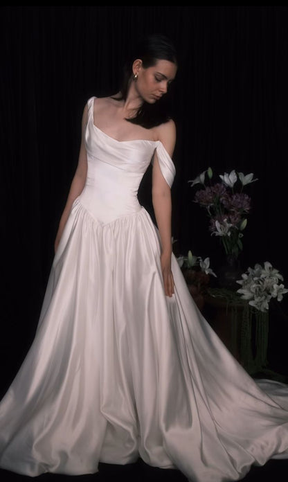 Classic Simple A Line Straps Satin Prom Dress Wedding Dress SH4418