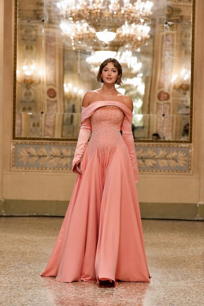 Chic A Line Long Off Shoulder Sleeves Long Prom Dress With Beaded