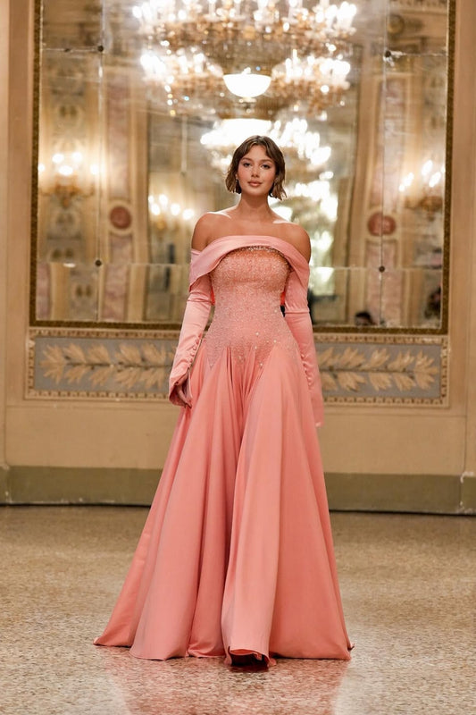 Chic A Line Long Off Shoulder Sleeves Long Prom Dress With Beaded