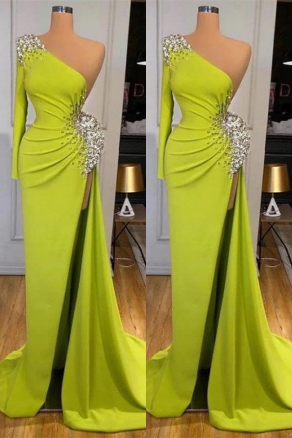 Mermaid Yellow Green Long Sleeves Prom Dress Split With Beads