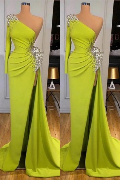Mermaid Yellow Green Long Sleeves Prom Dress Split With Beads